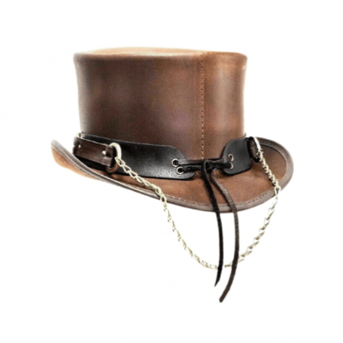 Side view of distressed brown leather steampunk top hat featuring hanging chain accents and leather band.