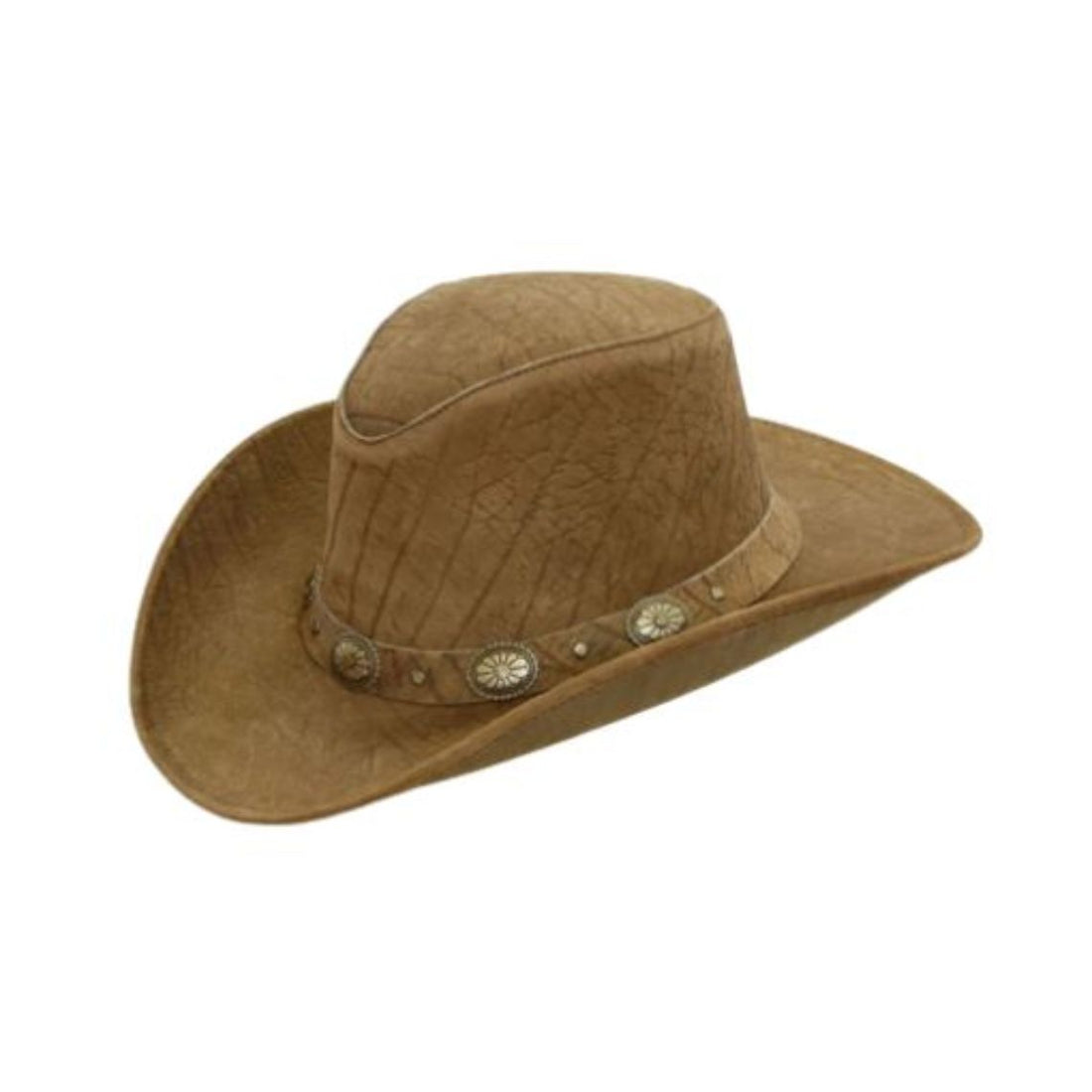 Front angled view of mens distressed brown leather cowboy hat with decorative concho hatband and vintage western styling.