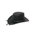 Genuine black leather western outback hat featuring braided band and leather tassels side view
