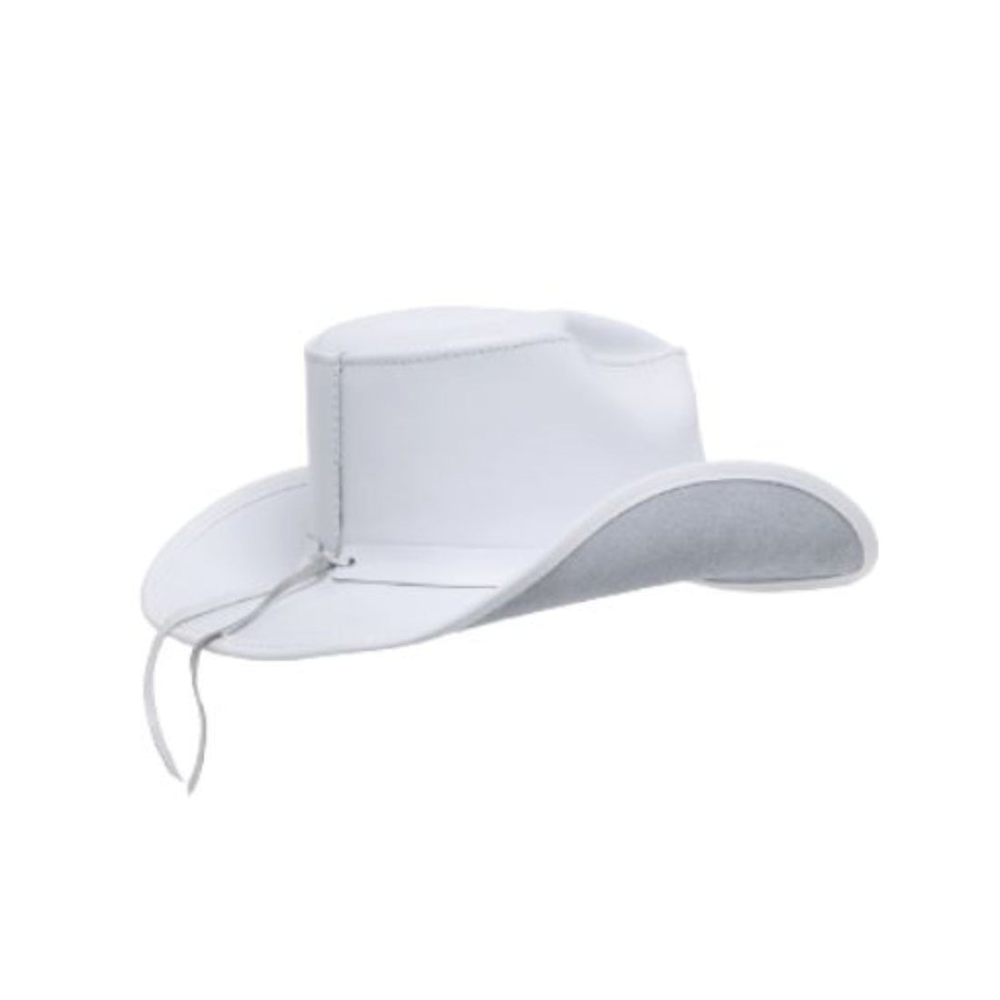 Side view of mens white leather cowboy hat with classic western crown and wide curved brim.