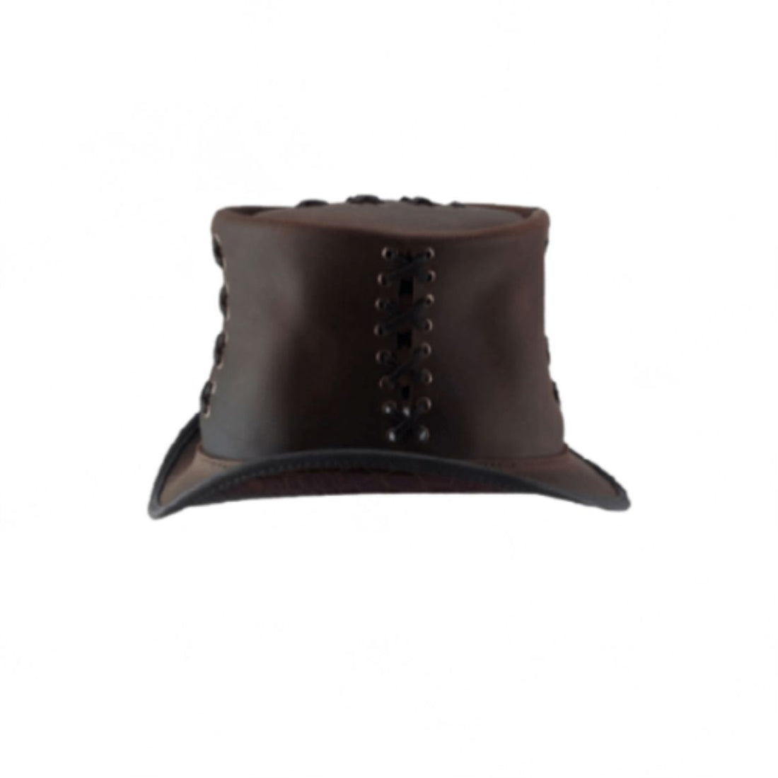 Front view of brown leather lace-up top hat featuring decorative eyelet lacing and curved brim.