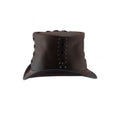 Rear view of handcrafted brown leather steampunk top hat with vertical lace-up panel detailing.