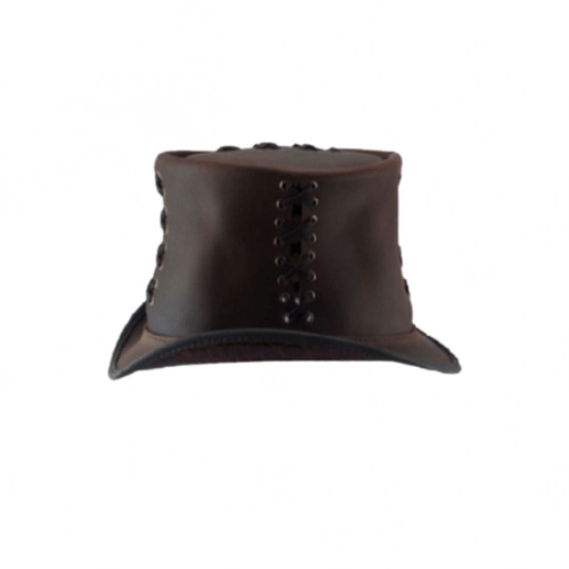 Rear view of handcrafted brown leather steampunk top hat with vertical lace-up panel detailing.