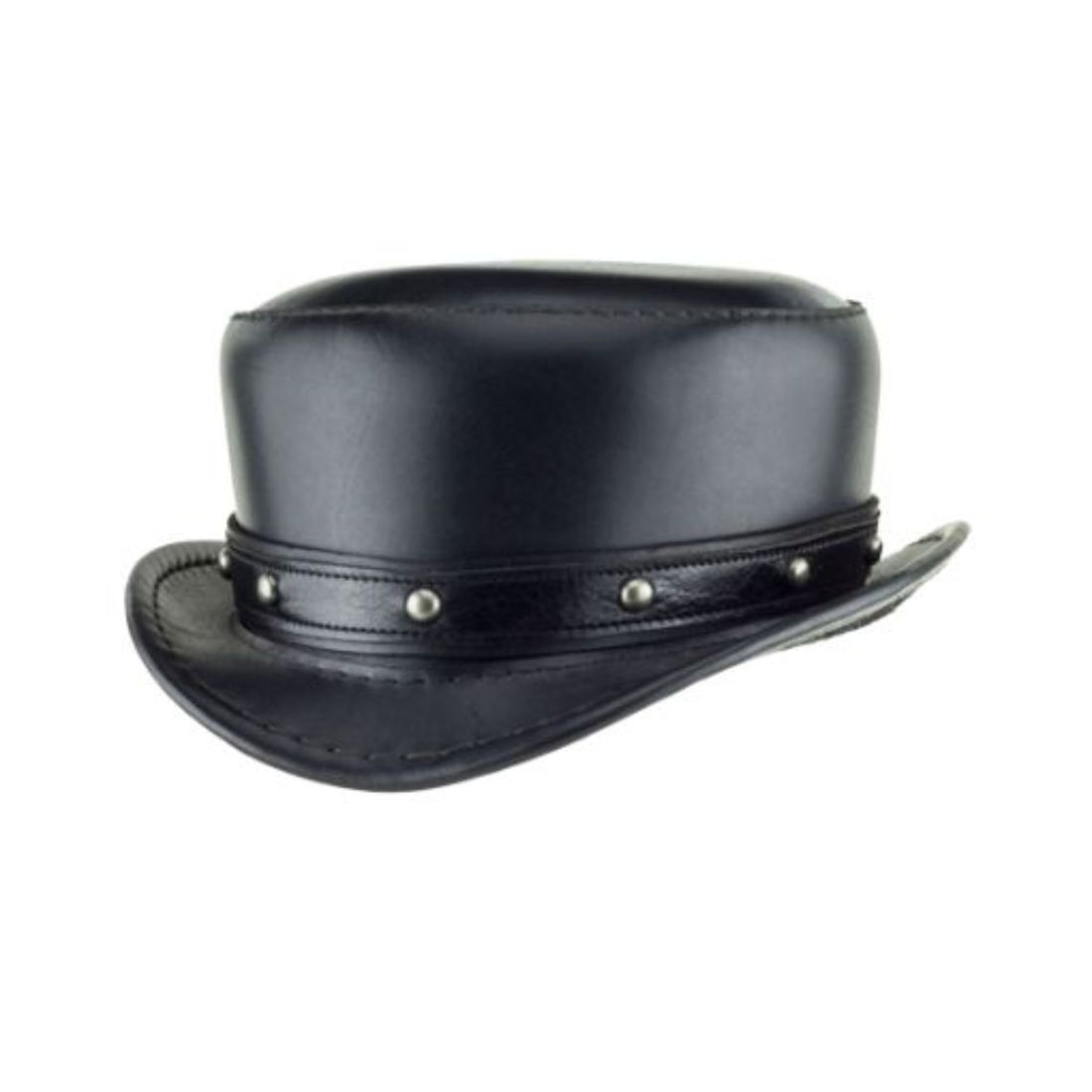 Front view of black leather steampunk top hat featuring a studded leather hatband and low-profile rounded crown.