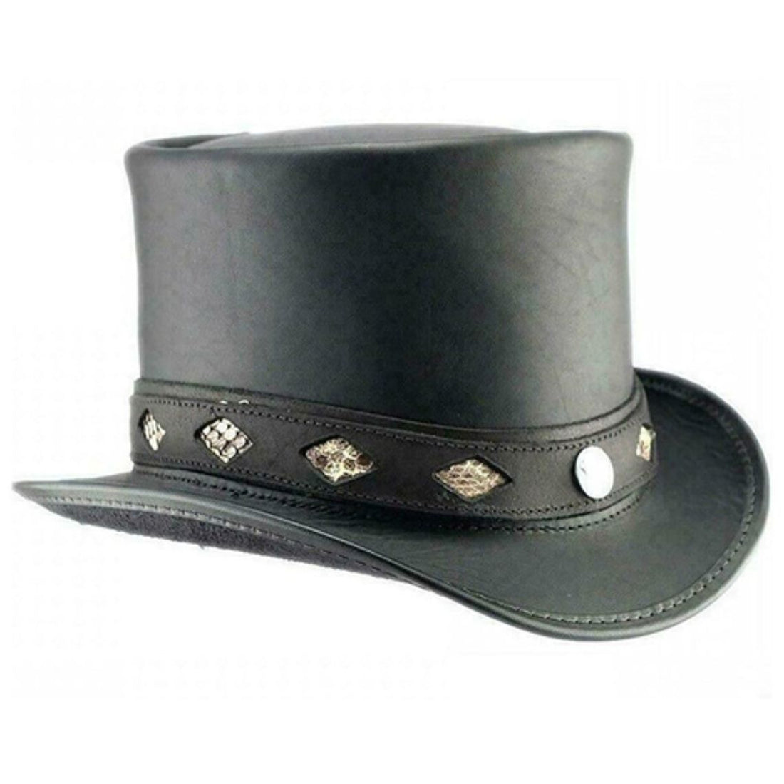 Front view of black leather western top hat with exotic-pattern inlay hatband and concho accent.