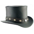 Angled side view of black leather top hat showcasing decorative inlay band and curved brim.