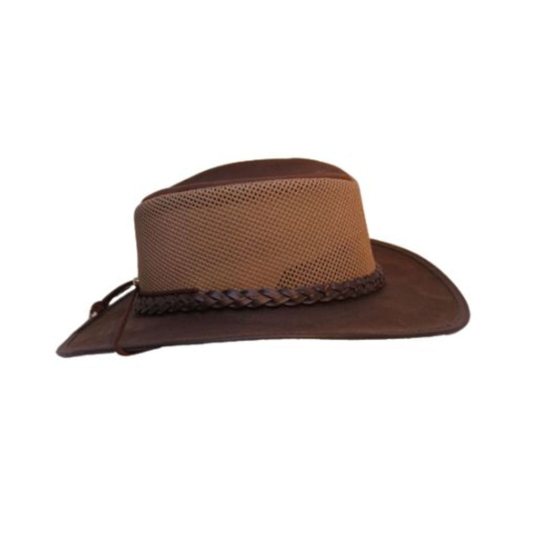 Mens Leather Cowboy Hat Breathable Outback Explorer Front Angle View with Braided Leather Band