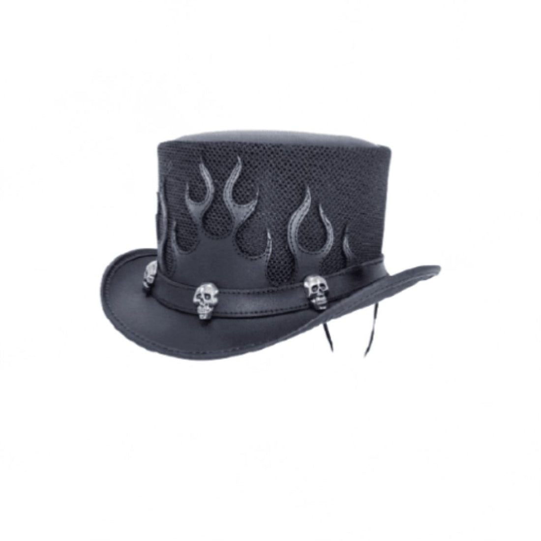 Front view of gothic black leather top hat featuring flame detailing and metallic skull stud accents.