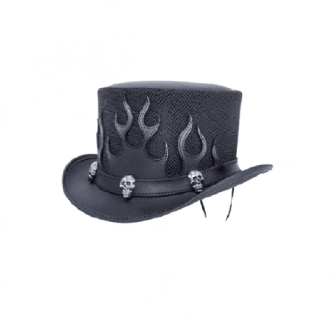 Angled side view of black leather gothic top hat with decorative flame crown panels and skull hatband.