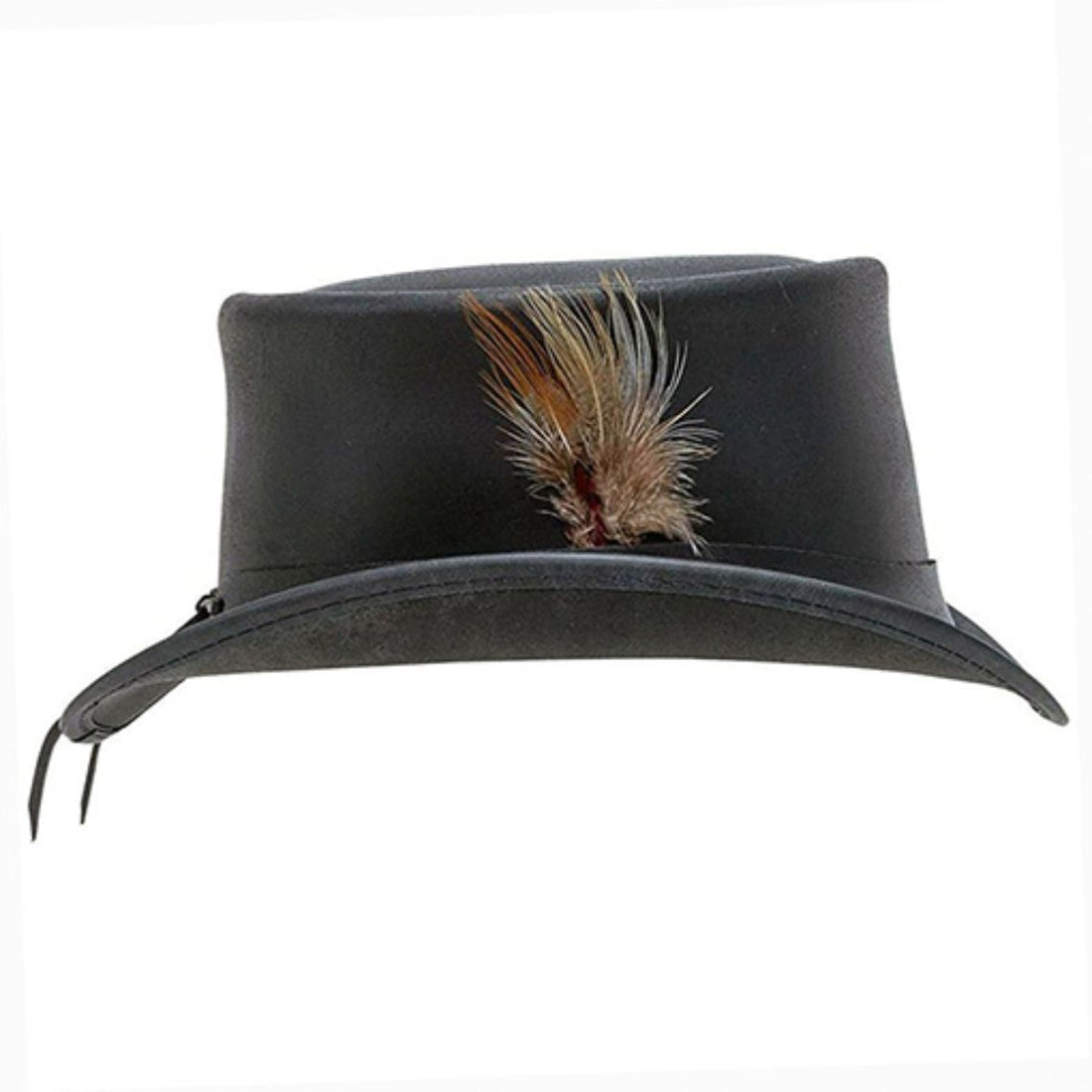 Angled view of a black leather western top hat with decorative feather accent and curved cowboy brim.