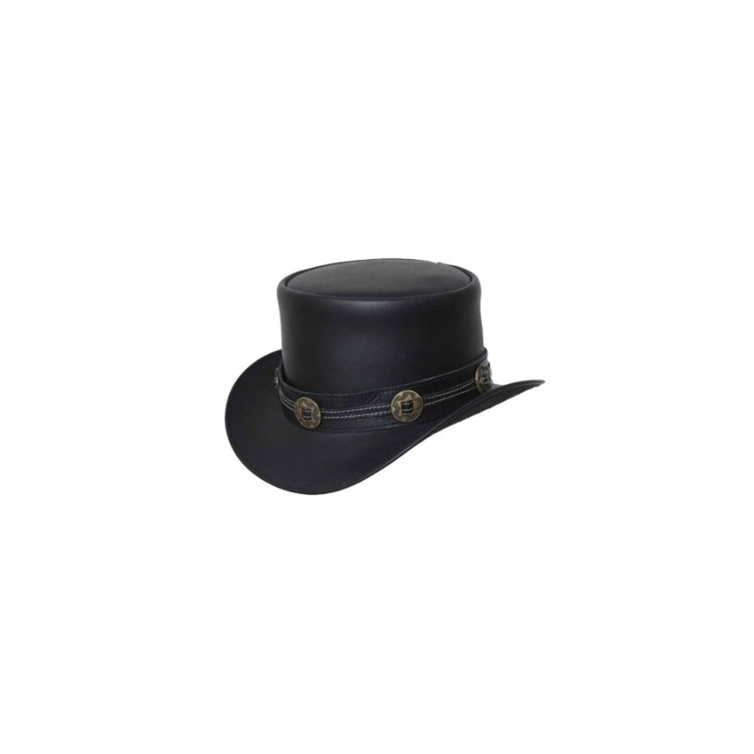 Front view of a black leather steampunk western top hat featuring antique concho band detailing.