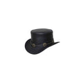 Angled view of a handcrafted black leather western top hat with decorative conchos and curved brim.