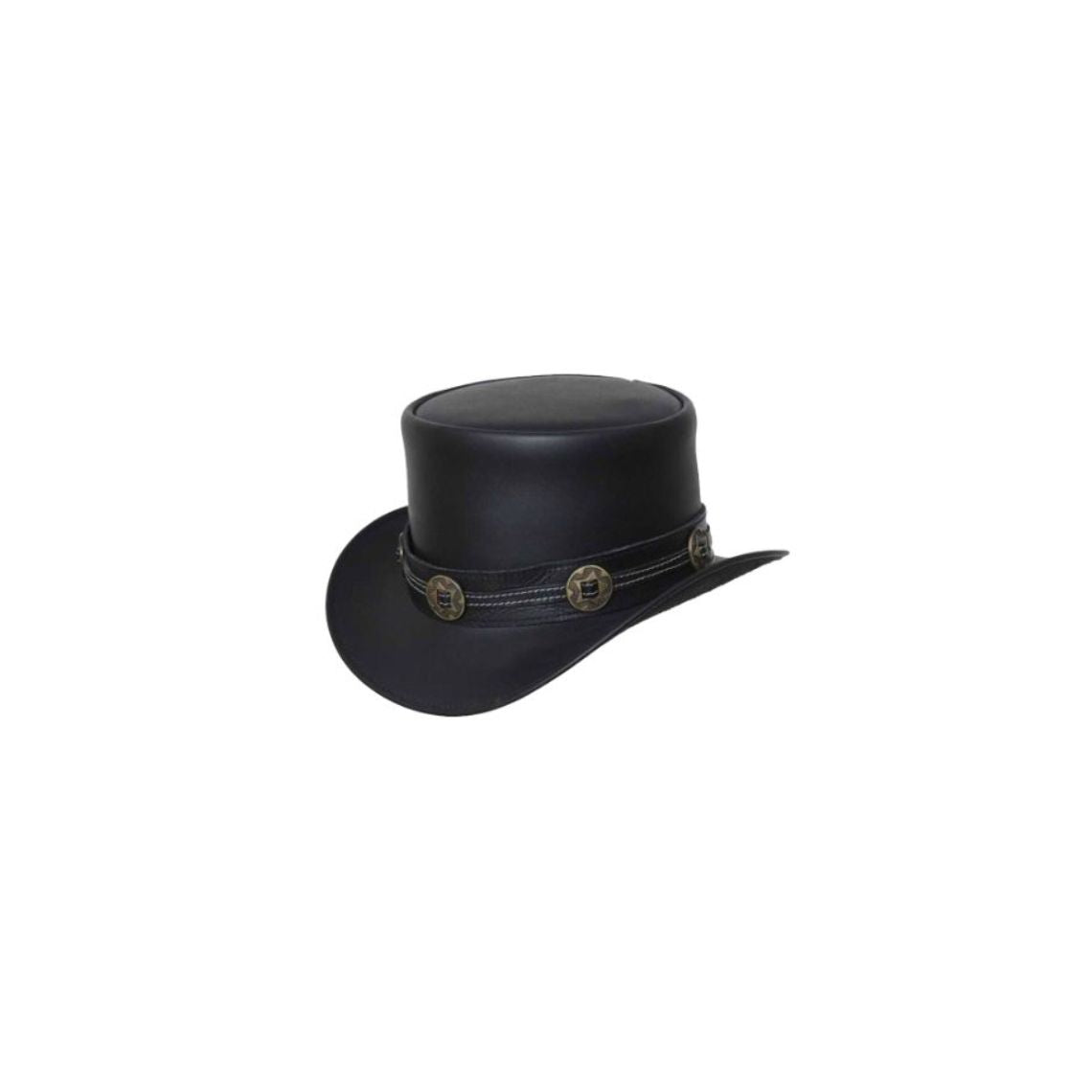 Angled view of a handcrafted black leather western top hat with decorative conchos and curved brim.