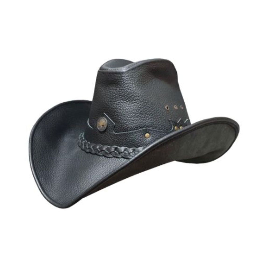 Mens Black Leather Cowboy Hat Frontier Rider Edition front view with braided leather hatband