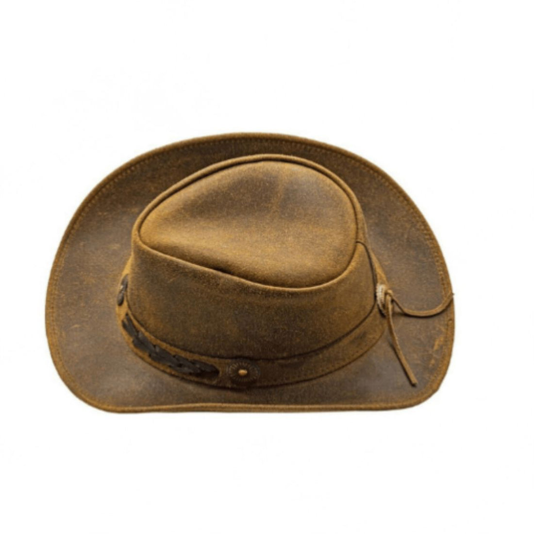 Mens Distressed Leather Cowboy Hat Vintage Outback Side View in Antique Brown Leather