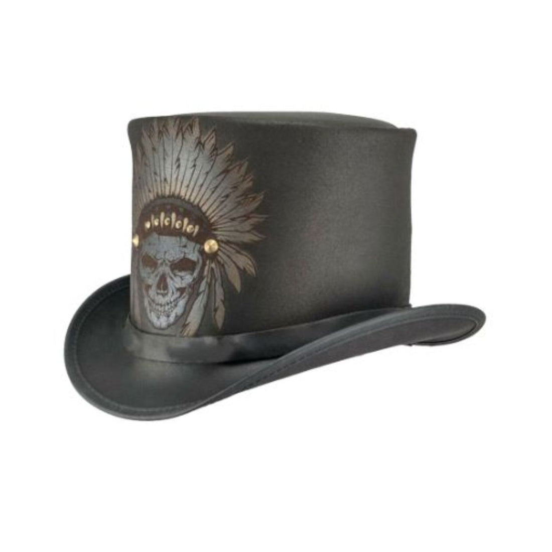 Front view of black leather gothic steampunk top hat featuring skull chief headdress artwork and curved brim.
