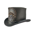 Angled side view of handcrafted leather top hat showcasing detailed skull feather headdress graphic and Victorian silhouette.