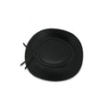 Mens black leather cowboy hat top view showing structured outback crown and braided hatband design