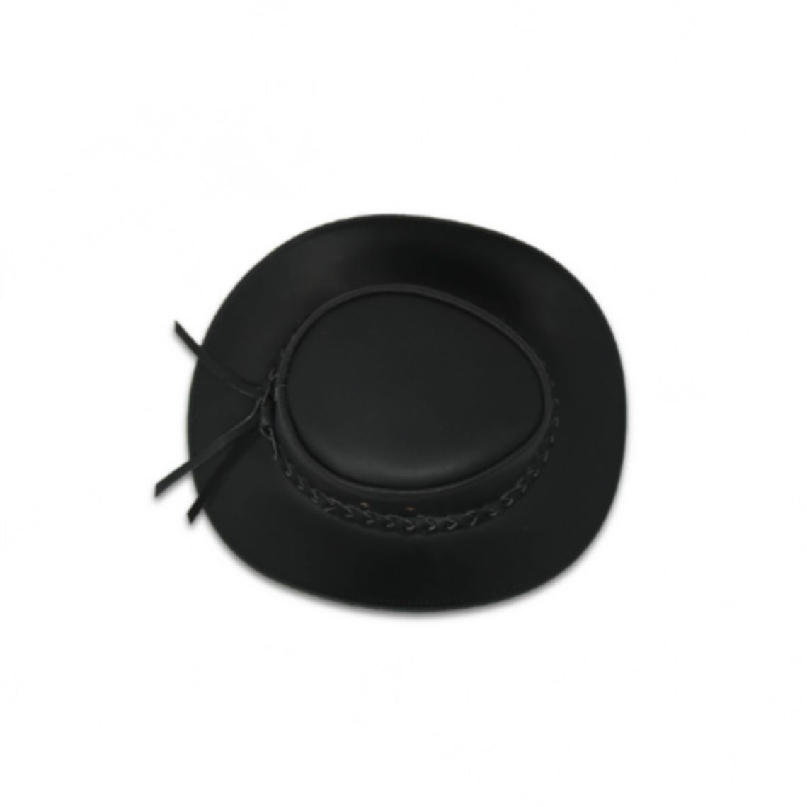 Mens black leather cowboy hat top view showing structured outback crown and braided hatband design