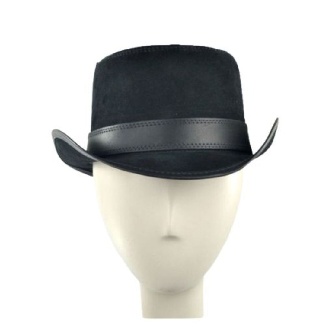 Front view of black leather steampunk top hat displaying structured crown and premium handcrafted construction.