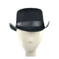 Front view of black leather steampunk top hat displaying structured crown and premium handcrafted construction.