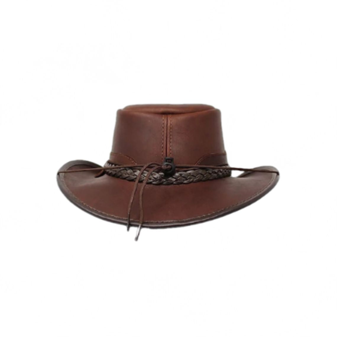 Rear view of mens brown leather cowboy hat with braided band detailing and adjustable chin cord.