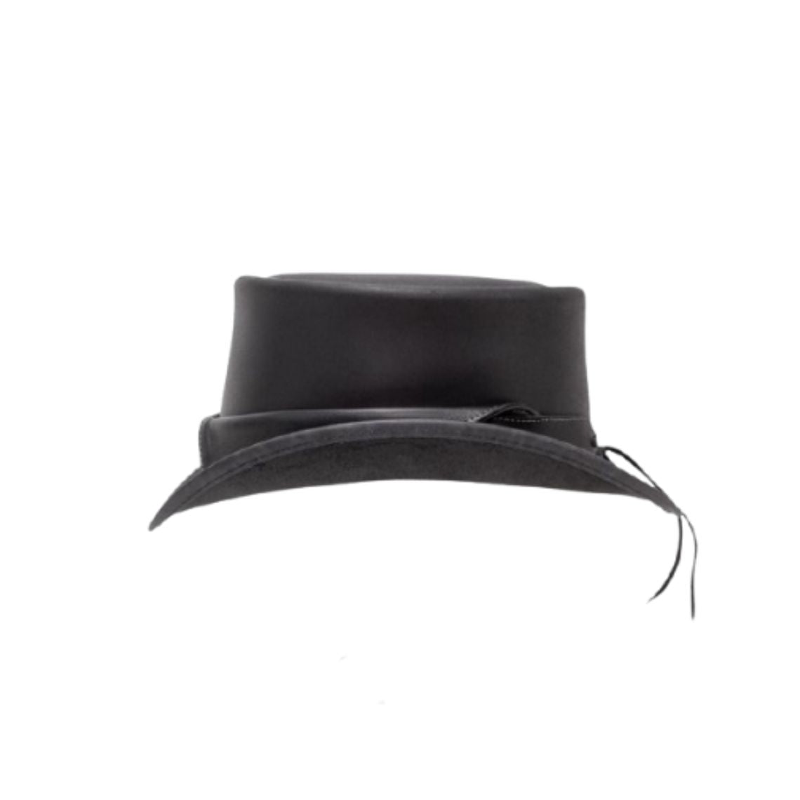 Rear view of black leather steampunk top hat showcasing curved brim profile and adjustable lace closure.