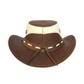 Mens brown leather cowboy hat with decorative conchos and chin strap rear view showing handcrafted western details