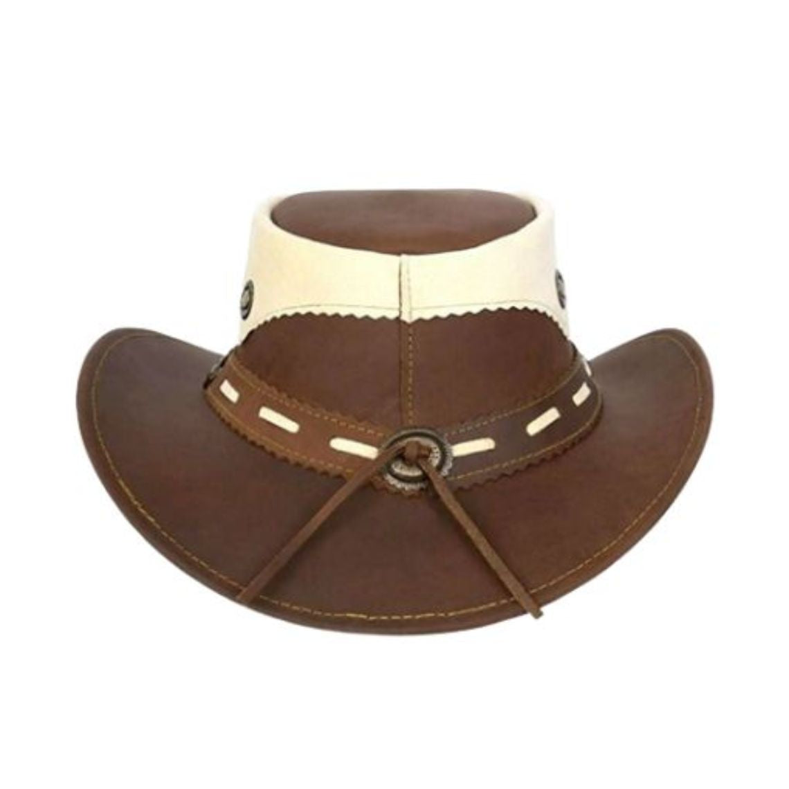 Mens brown leather cowboy hat with decorative conchos and chin strap rear view showing handcrafted western details