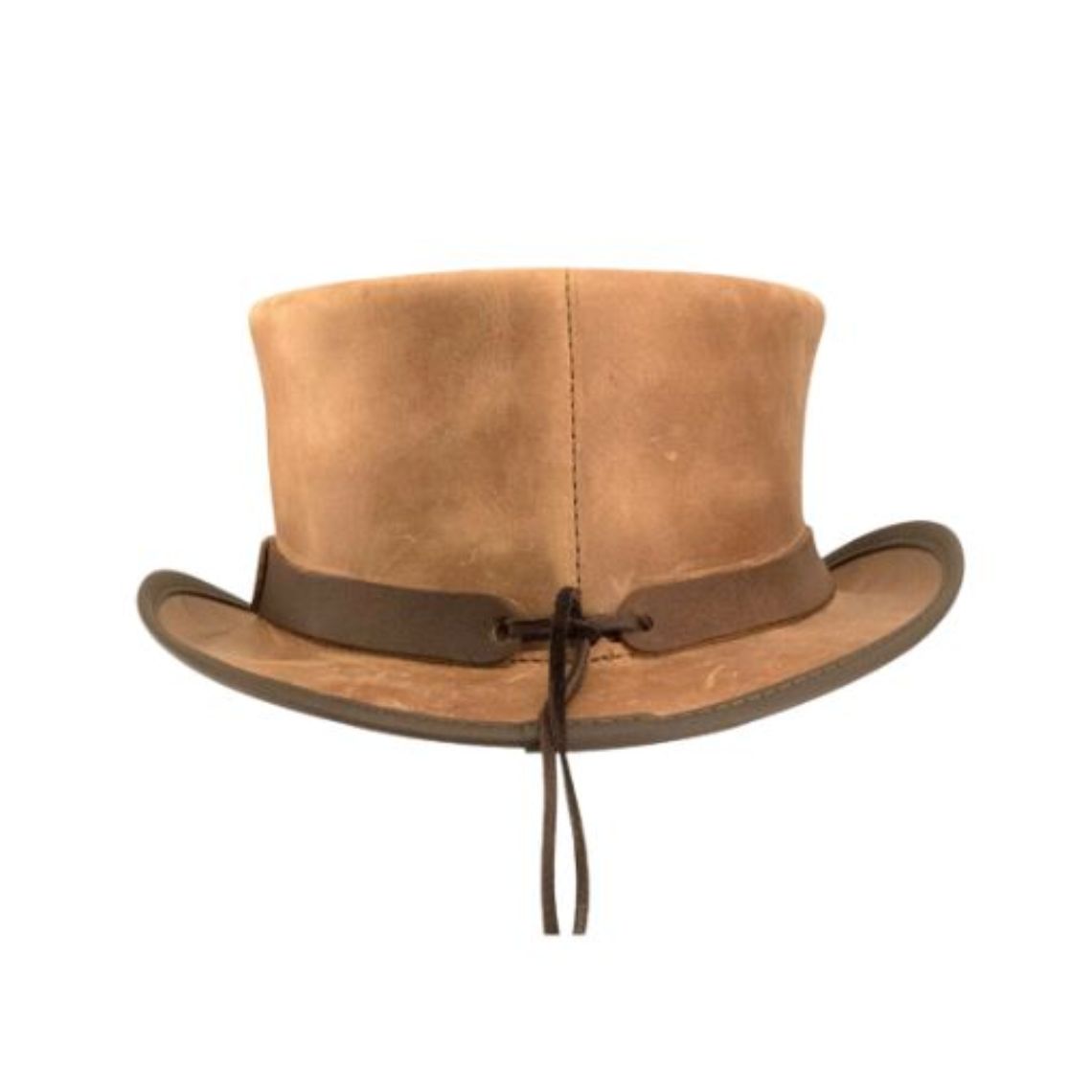 Rear view of tan leather steampunk top hat featuring adjustable leather lace detail and curved brim design.