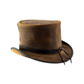Angled rear view of distressed brown leather Victorian steampunk top hat with adjustable lace detail.