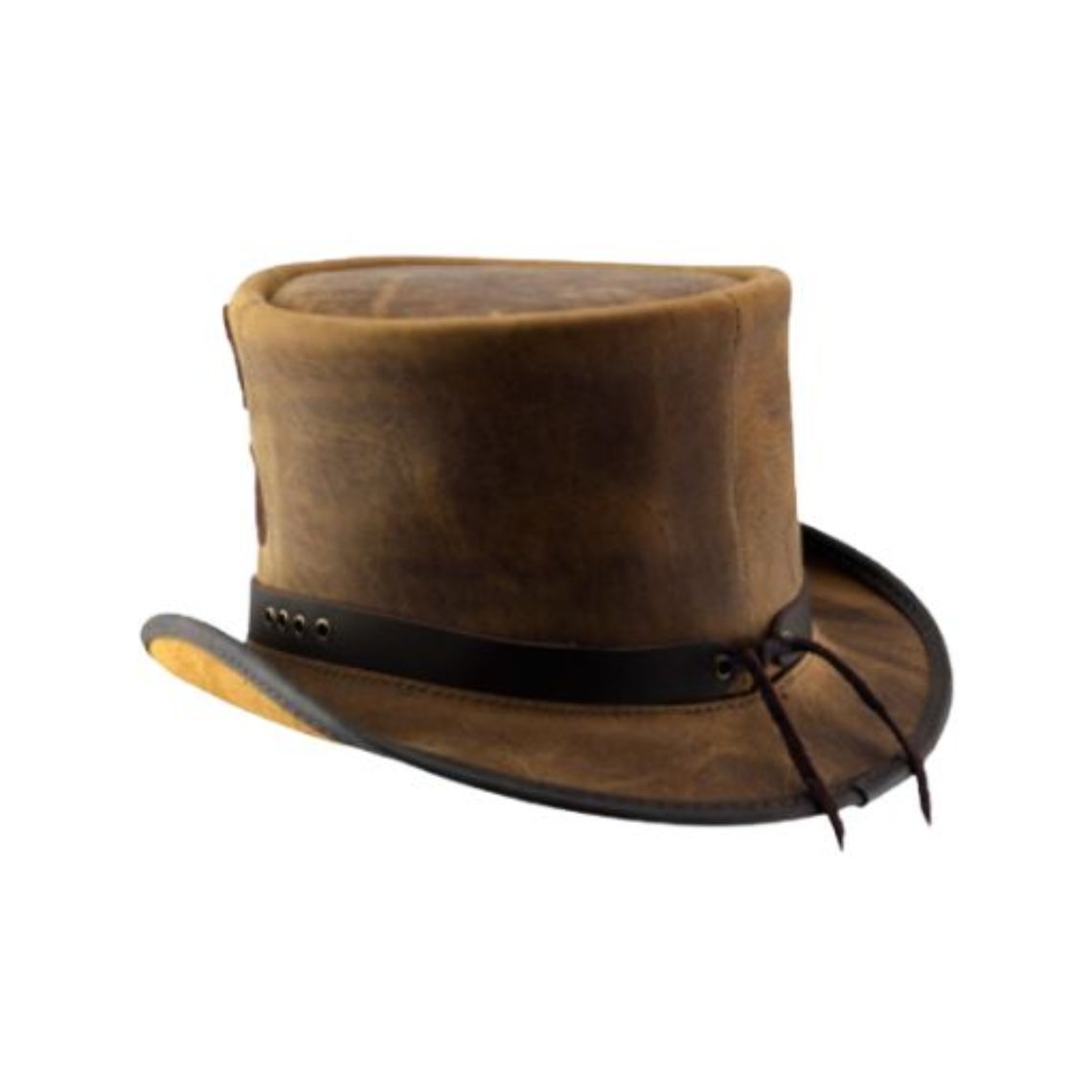 Angled rear view of distressed brown leather Victorian steampunk top hat with adjustable lace detail.