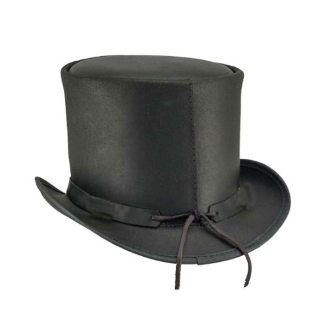 Rear view of black leather steampunk top hat displaying adjustable lace closure and smooth leather construction.