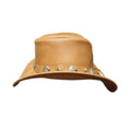 Front profile of western tan leather cowboy hat showcasing eagle concho accents and structured cowboy crown.