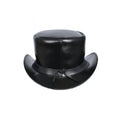Rear view of classic black leather top hat with curved brim and adjustable leather lace detail.