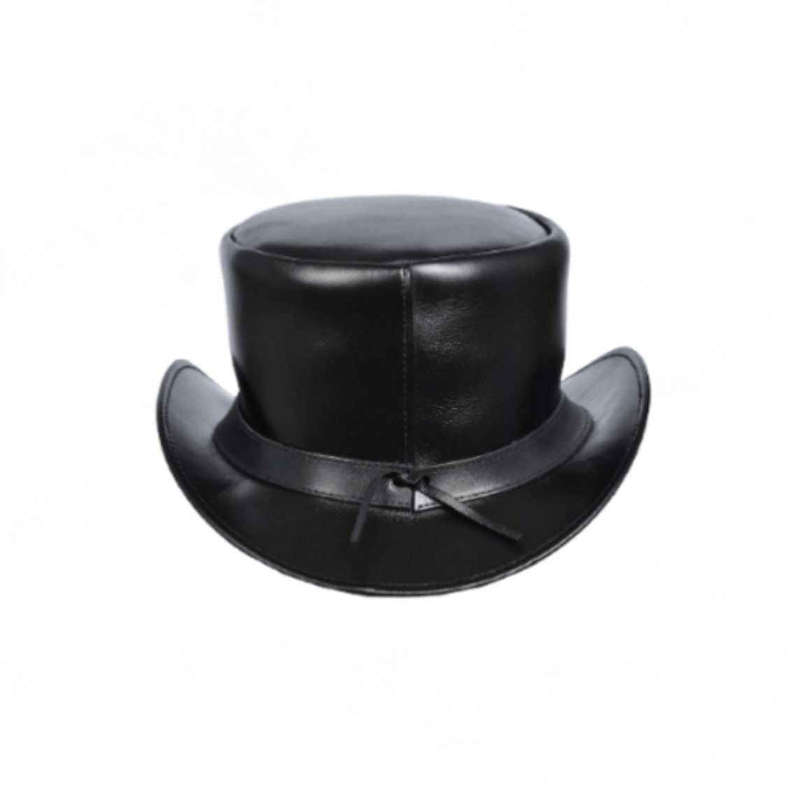 Rear view of classic black leather top hat with curved brim and adjustable leather lace detail.