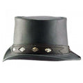 Side profile of handcrafted black leather western top hat featuring premium exotic inlay detailing.