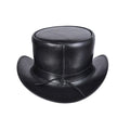 Rear view of premium black leather top hat showcasing structured crown and curved brim design.