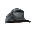 Mens Black Leather Cowboy Hat Frontier Rider Edition side profile displaying textured leather construction and braided band detailing