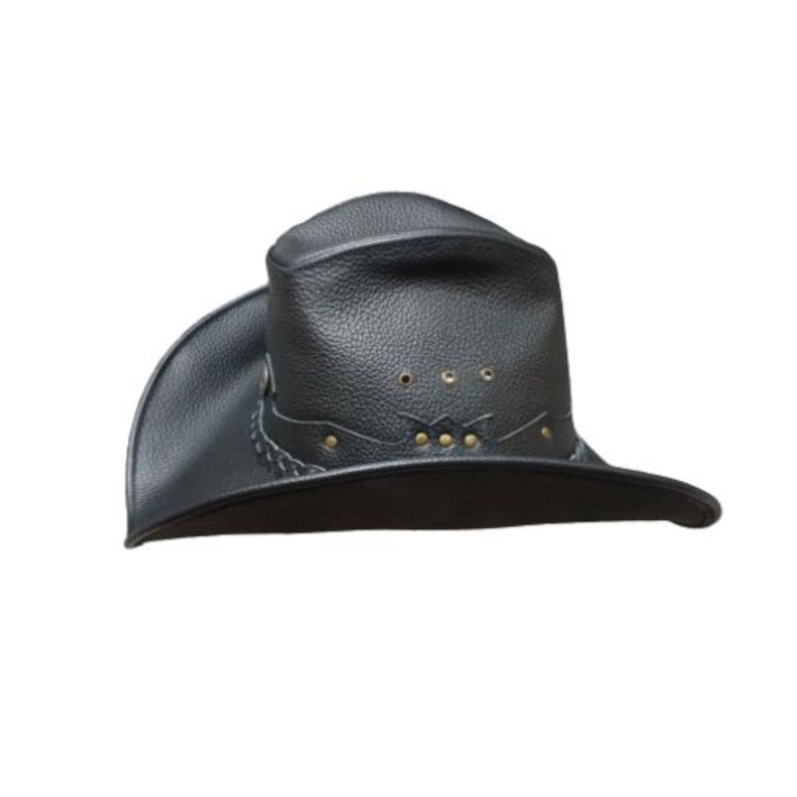 Mens Black Leather Cowboy Hat Frontier Rider Edition side profile displaying textured leather construction and braided band detailing