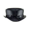 Rear view of black leather steampunk top hat showing adjustable lace closure and studded hatband detailing.