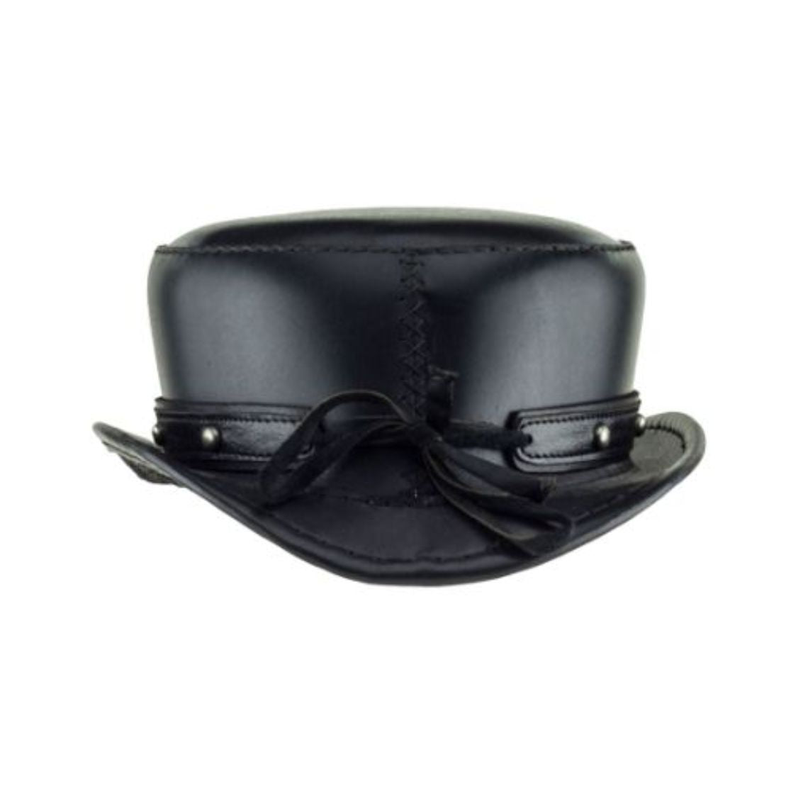 Rear view of black leather steampunk top hat showing adjustable lace closure and studded hatband detailing.