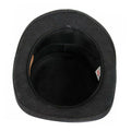 Top interior view of black leather steampunk top hat featuring comfortable sweatband and structured construction.