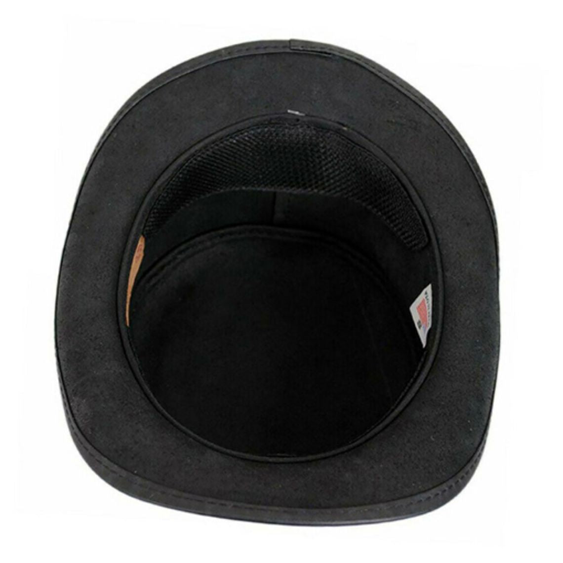 Top interior view of black leather steampunk top hat featuring comfortable sweatband and structured construction.
