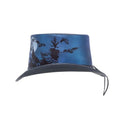 Side view of handcrafted gothic leather top hat with bat graphics and night forest artwork.