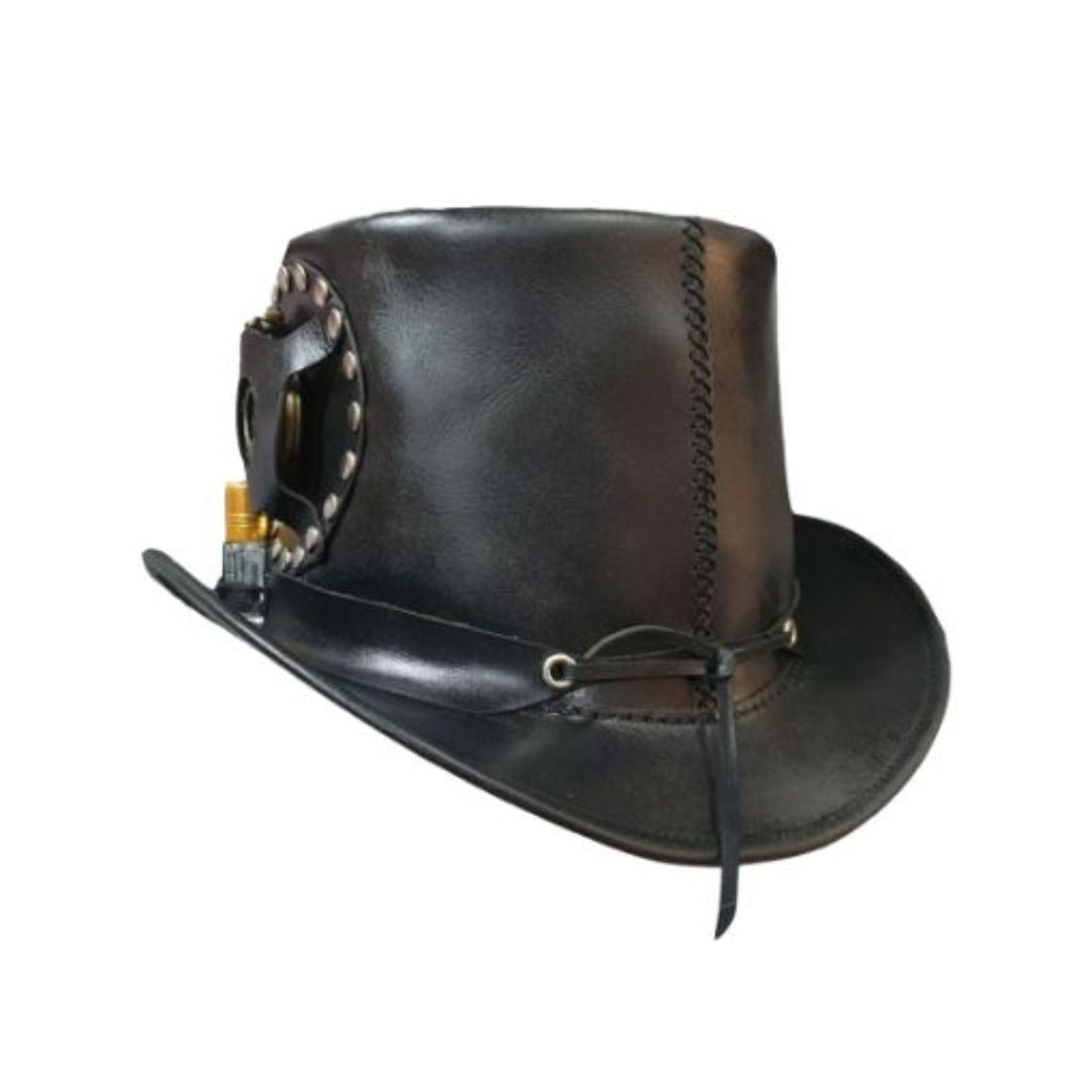 Rear angled view of black leather Victorian steampunk top hat showcasing structured crown and curved brim.