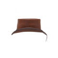 Rear view of brown leather steampunk top hat showcasing the structured crown and brim profile.
