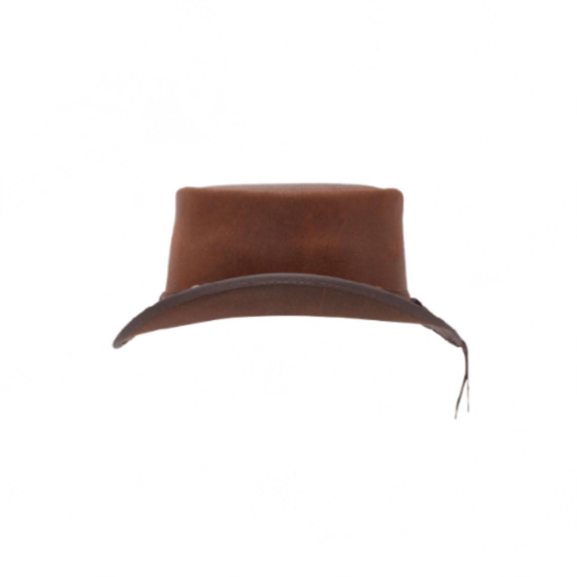 Rear view of brown leather steampunk top hat showcasing the structured crown and brim profile.