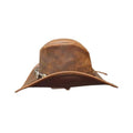 Front view of distressed brown western cowboy hat showcasing vintage leather texture and decorative concho hatband.