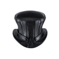 Rear view of black Victorian-inspired leather top hat showing sculpted panel crown construction.